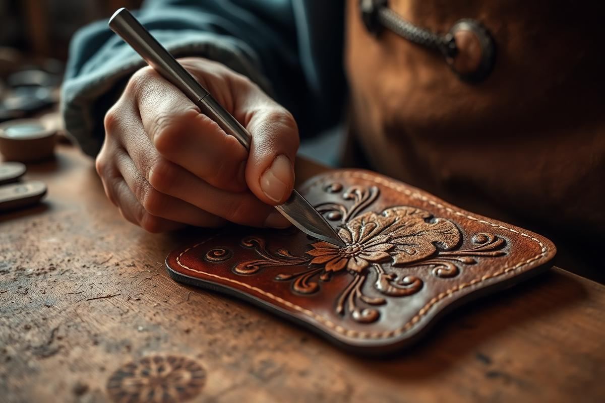 Hand tooling detail on vegetable-tanned leather