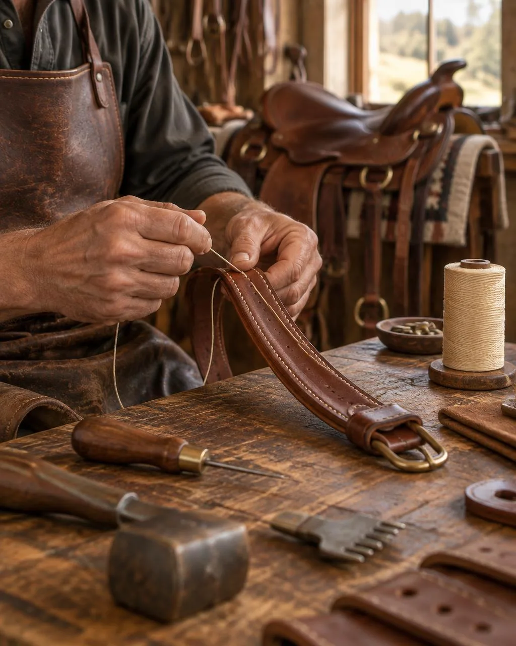 Leatherworker stitching a strap
