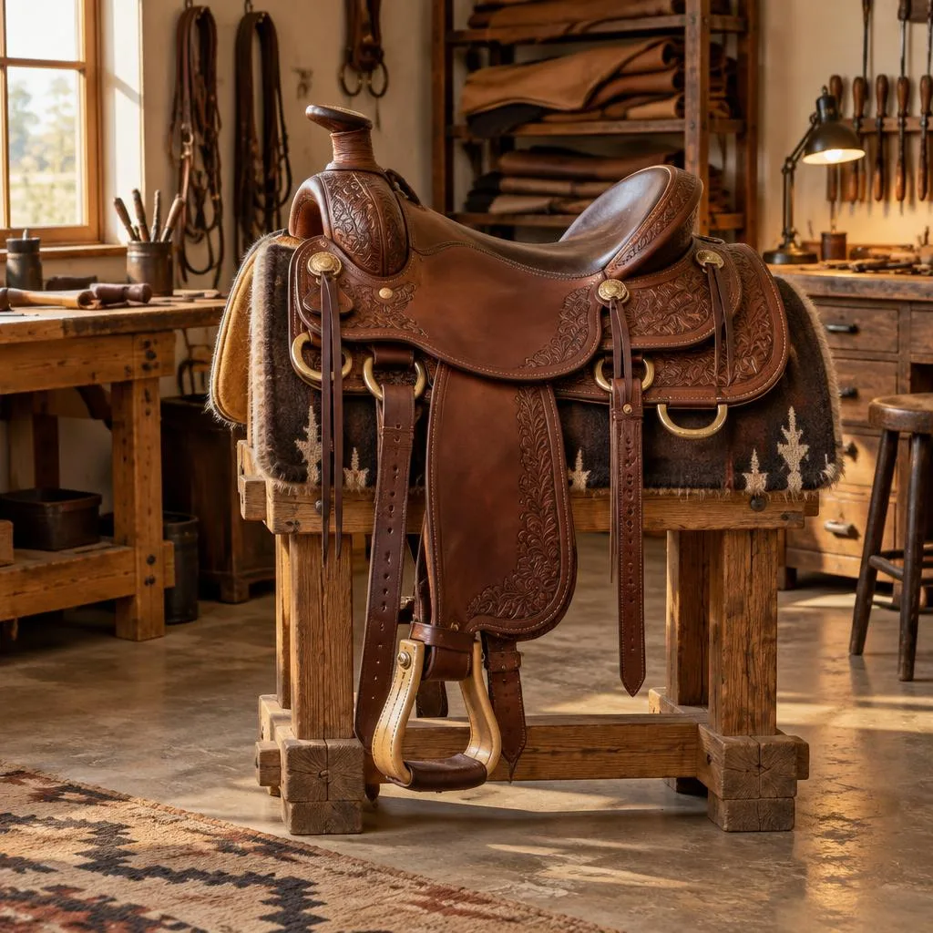 Western saddle in a workshop