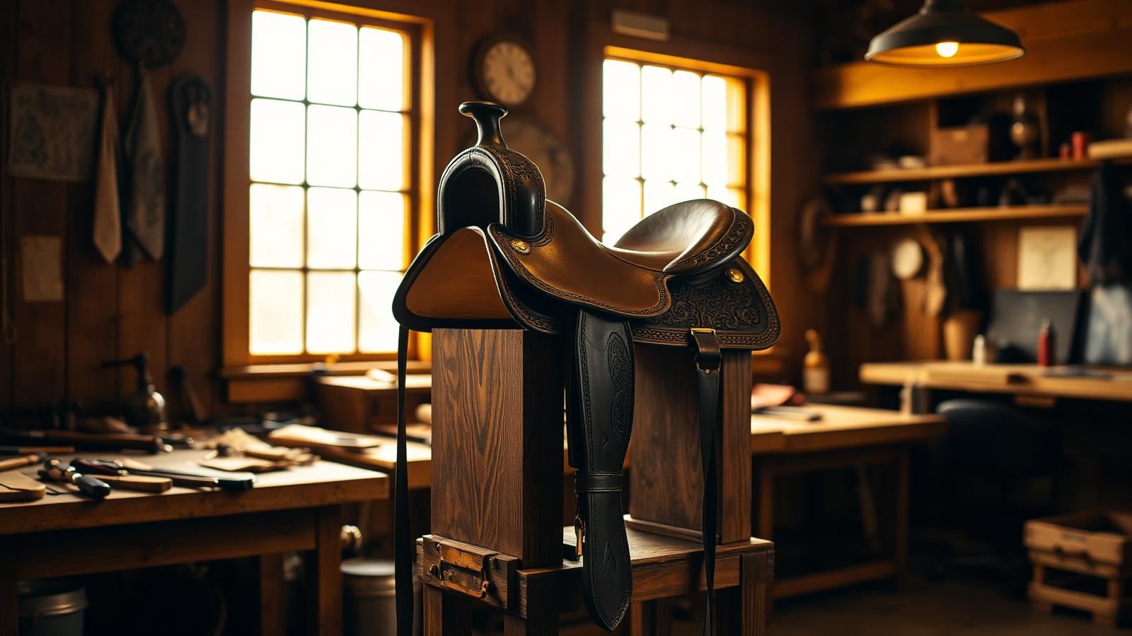 Hand-tooled western saddle on a stand inside the El Rey de las Monturas workshop
