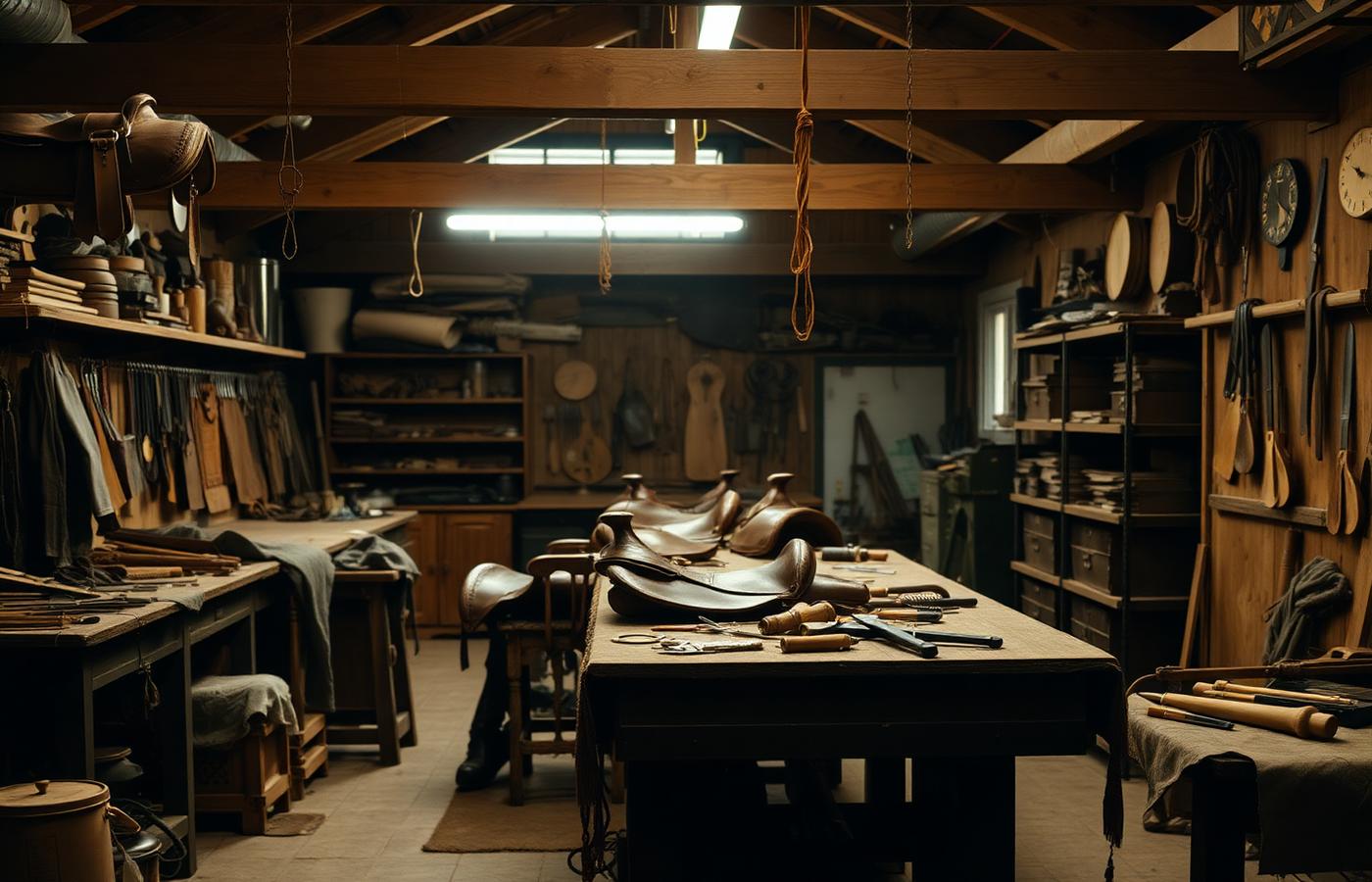 Interior of a leather workshop with saddles on the bench